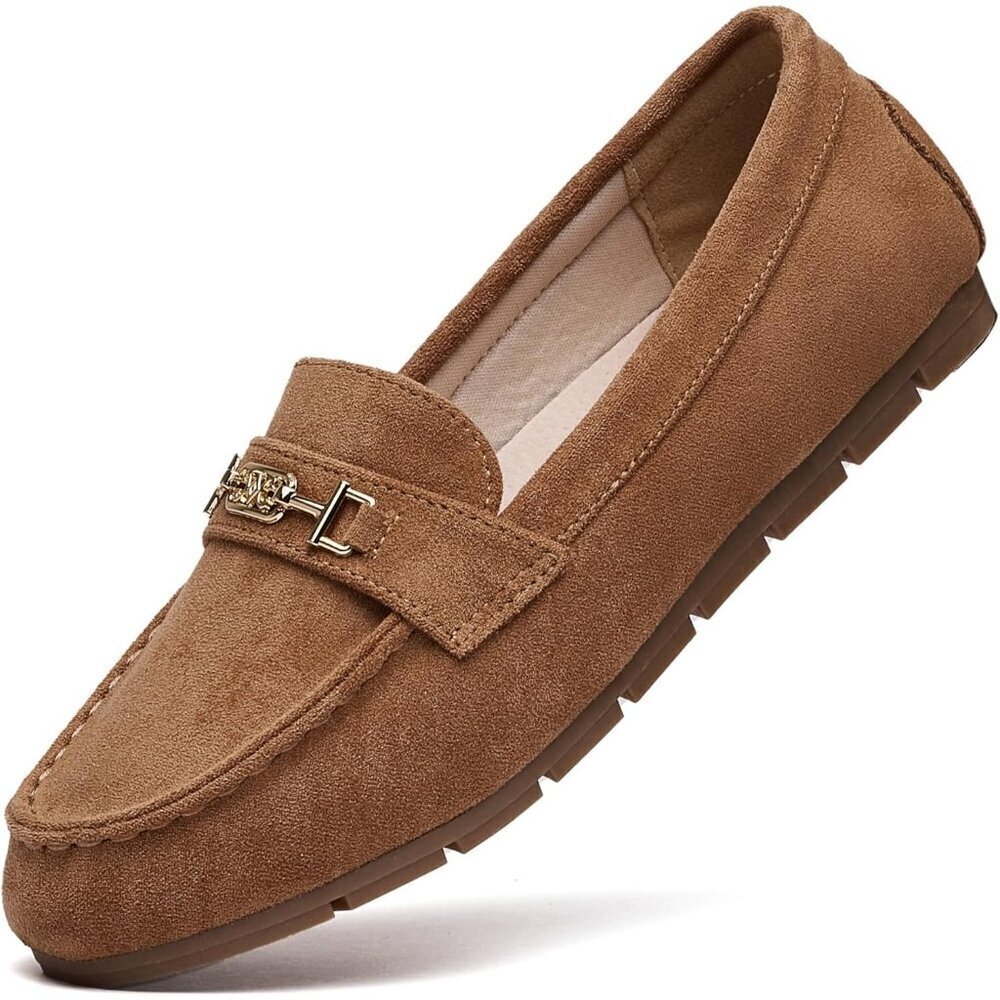 Women's Tan Suede Arch Support Casual Leisure Slip On Work Walking Flats Shoes